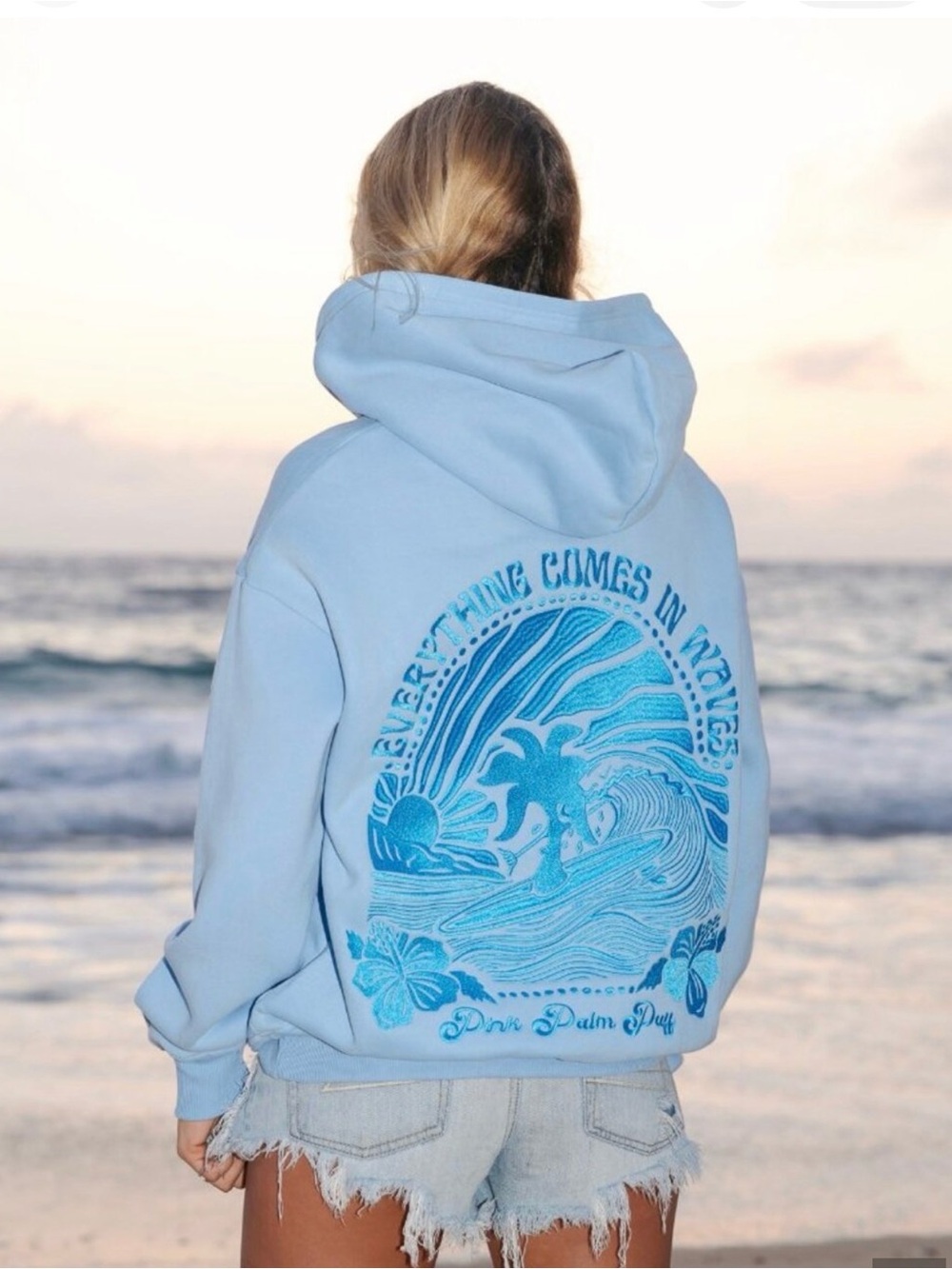 Pink Palm Puff Hoodie -everything comes in waves EUC Like New